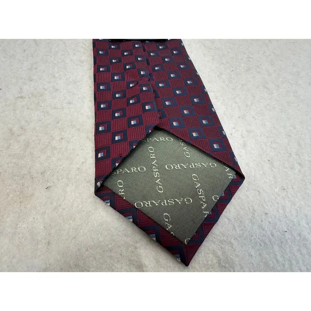 Gaspara Extra Long Pure Silk Tie Burgundy Geometric Squares